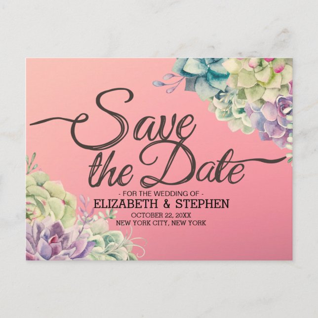 Wedding Save The Date Watercolor Succulent Plants Announcement Postcard (Front)