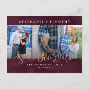 Wedding Save the Date - Wine Red & Rose Gold Announcement Postcard