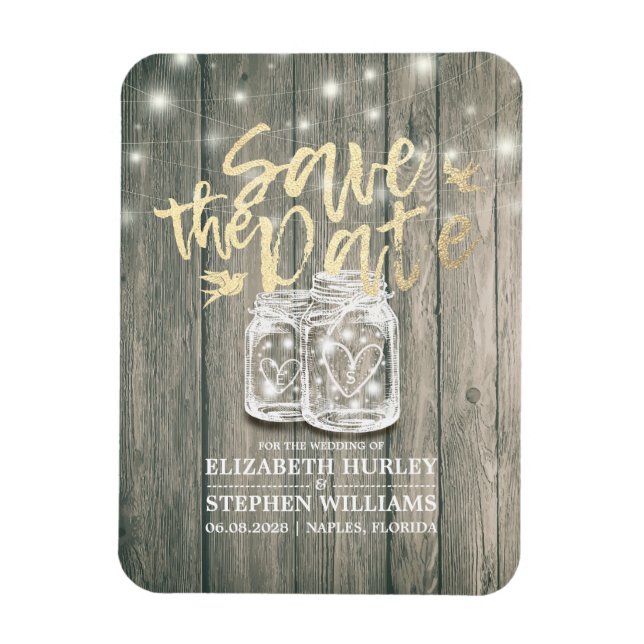 Wedding Save The Date Wood Mason Jar String Lights Magnet (Vertical)