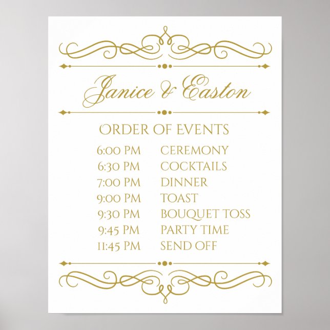 Wedding Schedule Sign | Gold Swirl Calligraphy (Front)