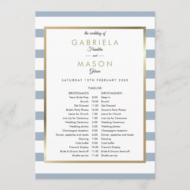  Wedding Schedule Timeline Dusty Blue Striped Program (Front)