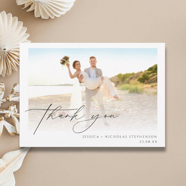 Wedding Script 3 Photo Thank You Flat  Card (Creator Uploaded)