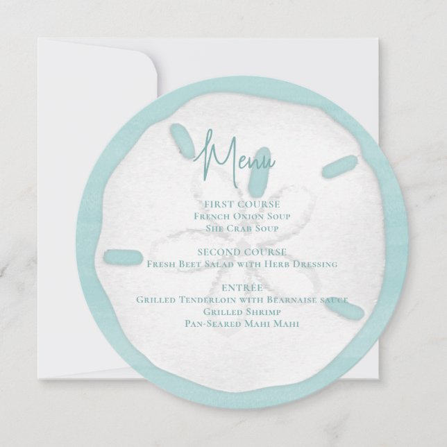 Wedding Script Beach Elegant Sand Dollar Menu  Invitation (Front)
