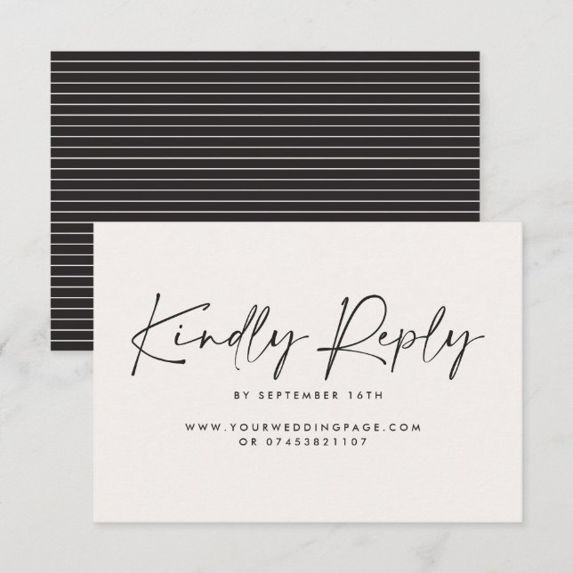 Wedding script modern black white elegant reply invitation (Front/Back)