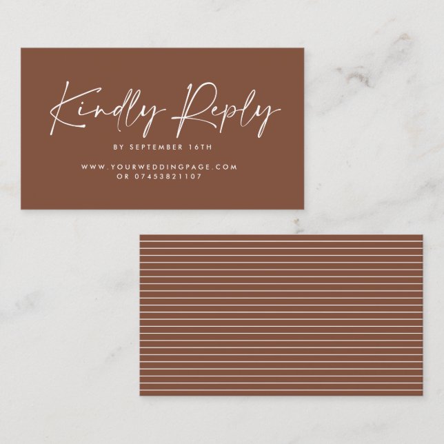 Wedding script modern brown natural elegant reply business card (Front/Back)