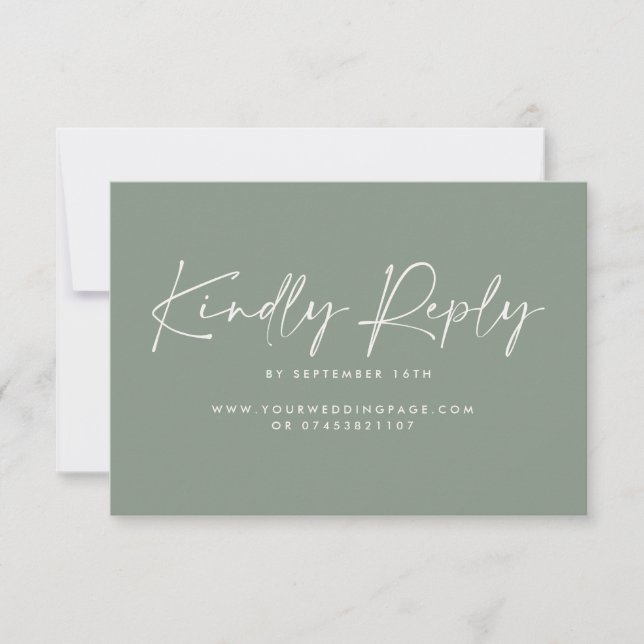 Wedding script modern sage green elegant reply invitation (Front)