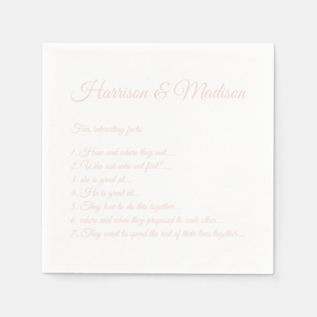 Wedding Script names Couple Fun Facts blush pink Napkin (Front)