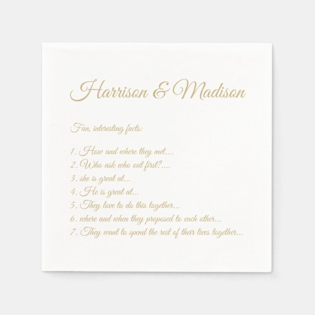Wedding Script names Couple Fun Facts gold paper Napkin (Front)