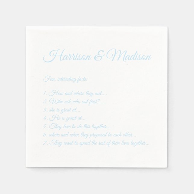 Wedding Script names Couple Fun Facts light blue Napkin (Front)