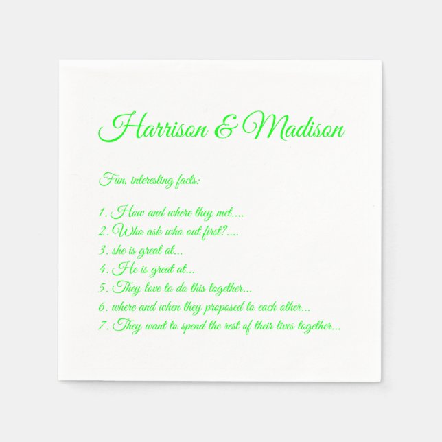 Wedding Script names Couple Fun Facts neon green Napkin (Front)