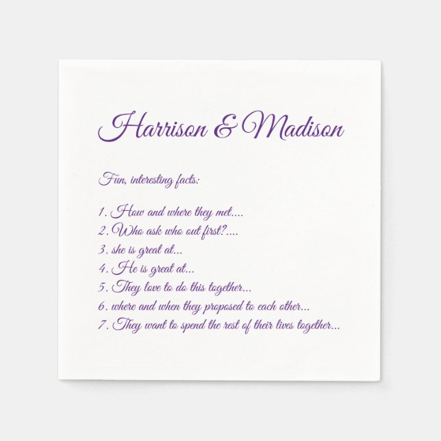 Wedding Script names Couple Fun Facts purple paper Napkin (Front)