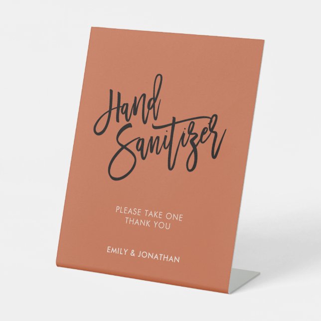Wedding Script.Terracotta Hand Sanitizer Pedestal Sign (Front)