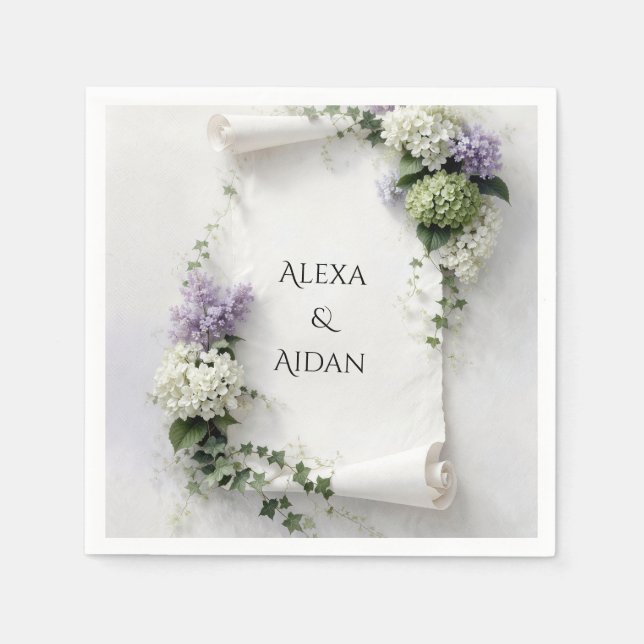 Wedding Scroll with Lilacs and Hydrangeas  Napkin (Front)