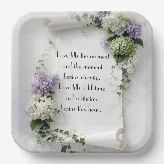 Wedding Scroll with Lilacs and Hydrangeas  Paper Plate (Front)