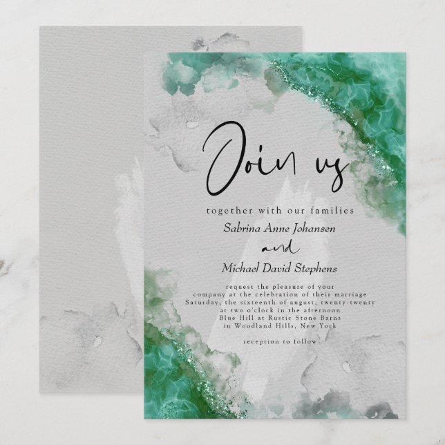 WEDDING | Sea Glass Green Abstract Alcohol Ink  Invitation (Front/Back)