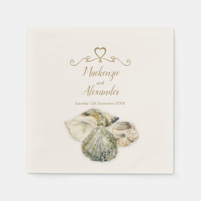 Wedding sea shells art cream paper napkin (Front)
