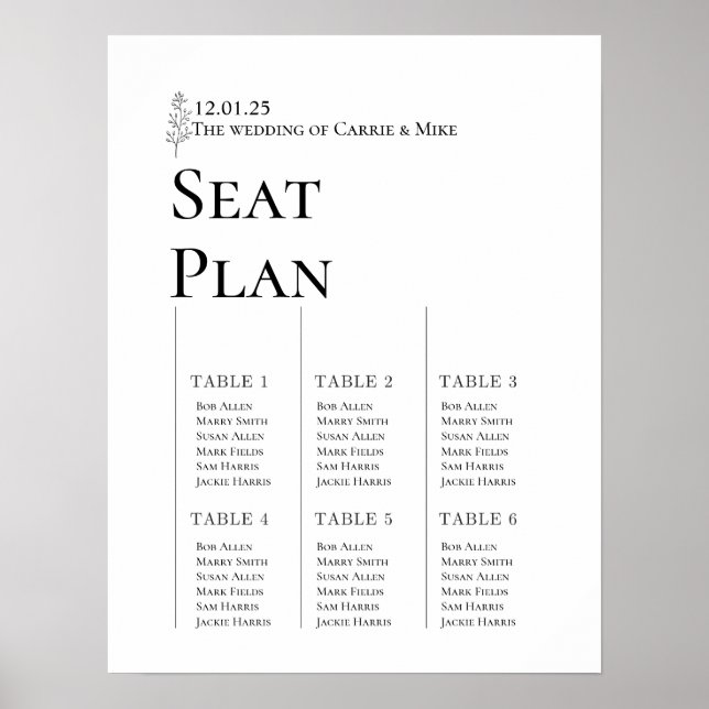 Wedding Seat Chart for 6 tables (Front)