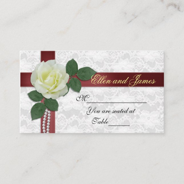 Wedding seating card white rose red ribbon (Front)
