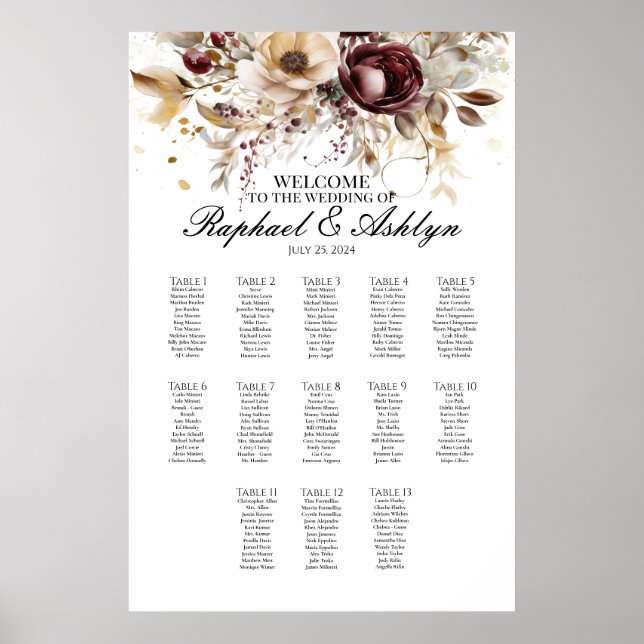 Wedding seating chart 13 tables, burgundy peonies (Front)
