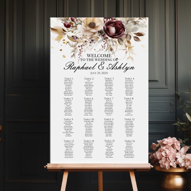 Wedding seating chart 16 tables, burgundy peonies (Creator Uploaded)