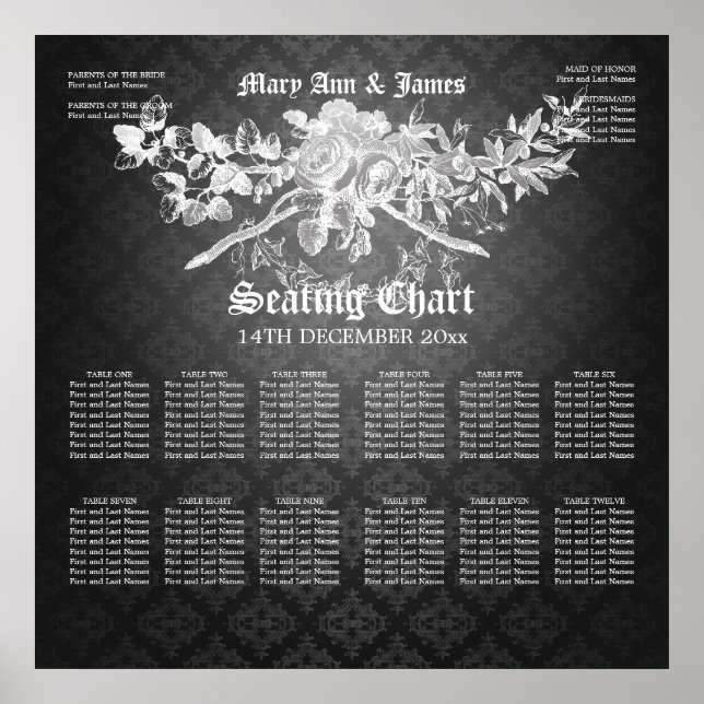 Wedding Seating Chart Baroque Flourish Black (Front)