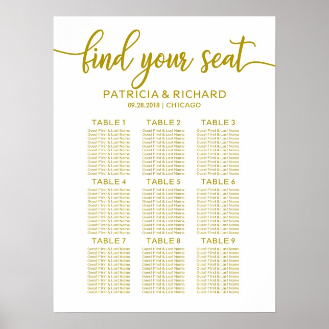 Wedding Seating Chart Board Gold Calligraphy (Front)