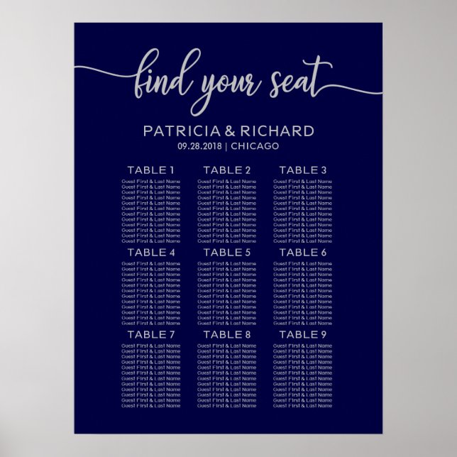 Wedding Seating Chart Board Navy Blue Silver (Front)