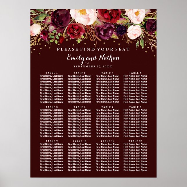 Wedding Seating Chart Burgundy Gold Floral (Front)
