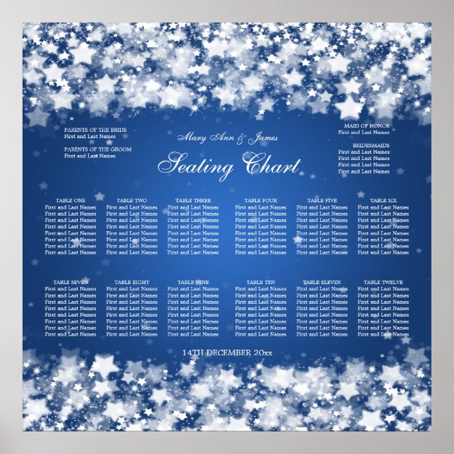 Wedding Seating Chart Dazzling Stars Blue (Front)