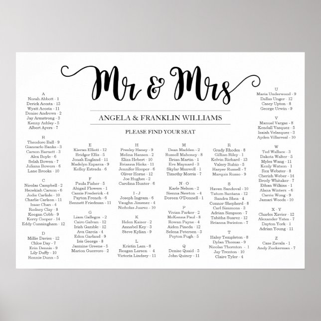 Wedding Seating Chart, Editable Background Colour Poster (Front)