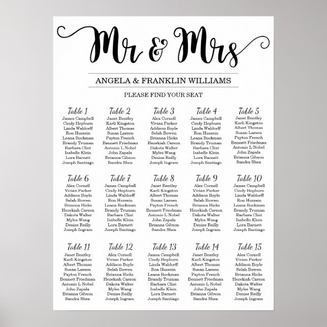 Wedding Seating Chart, Editable Background Colour Poster (Front)