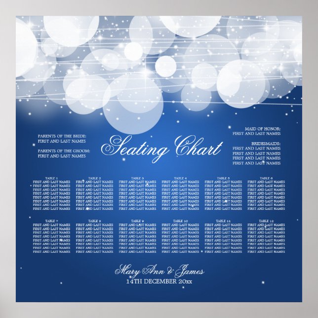 Wedding Seating Chart Glow & Sparkle Blue (Front)
