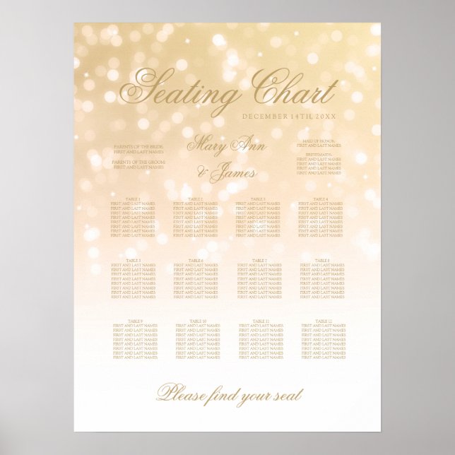 Wedding Seating Chart Gold Bokeh Sparkle Lights (Front)