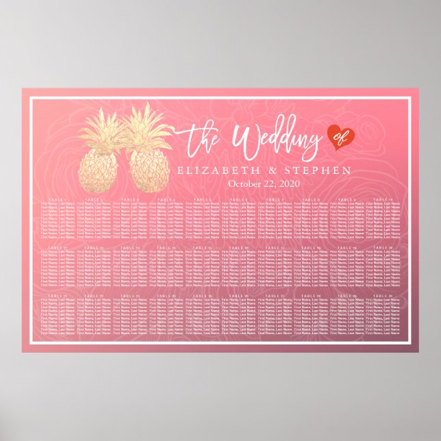 Wedding Seating Chart Modern Gold Pineapple Couple (Front)
