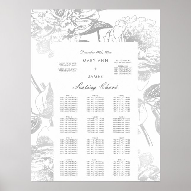 Wedding Seating Chart Modern Simple Floral Silver (Front)