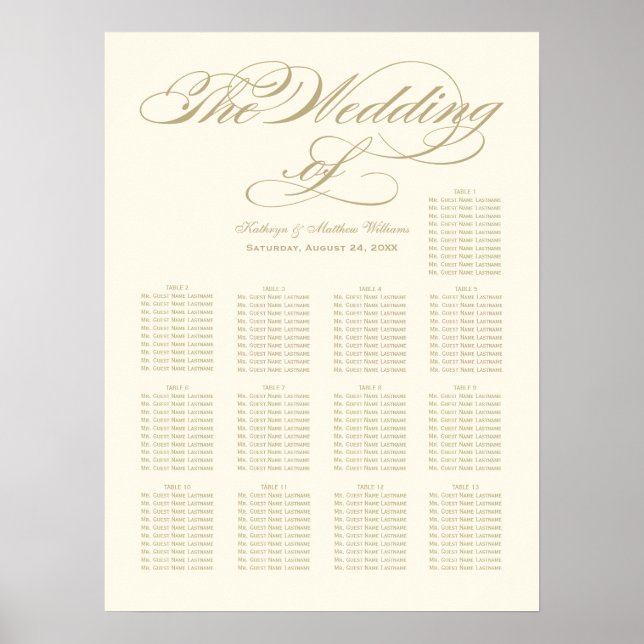 Wedding Seating Chart Poster | Gold Calligraphy (Front)