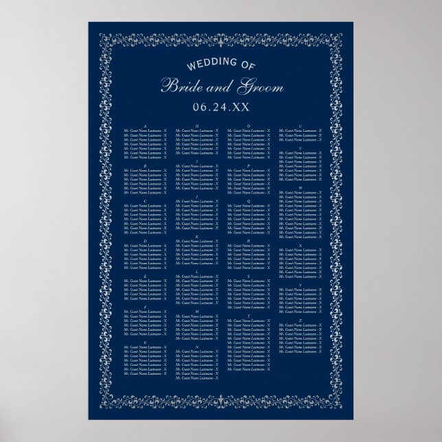 Wedding Seating Chart Poster | Navy and Silver (Front)