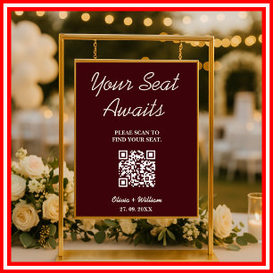Wedding Seating Chart QR Burgundy & Ivory Rustic
