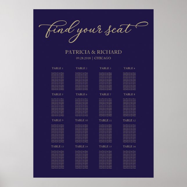 Wedding Seating Chart Sign Chic Gold Navy Blue (Front)