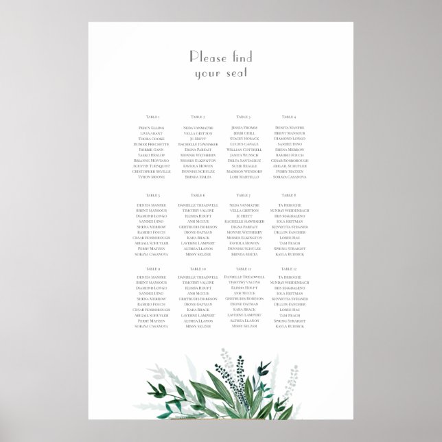 Wedding Seating Chart, table plan Greenery #1 Poster (Front)