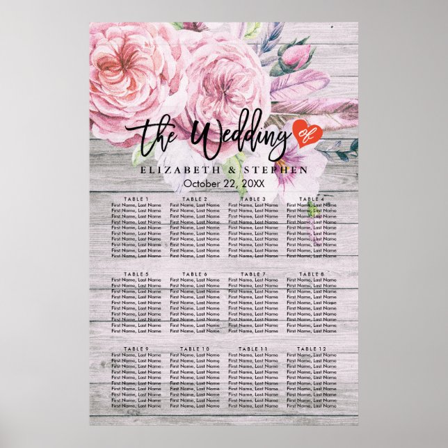 Wedding Seating Chart Watercolor Boho Floral Wood (Front)