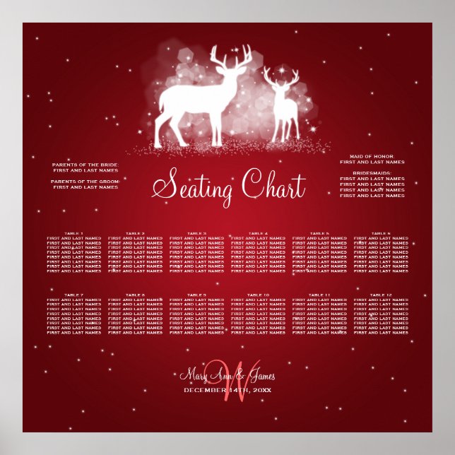 Wedding Seating Chart Winter Deer Sparkle Red (Front)