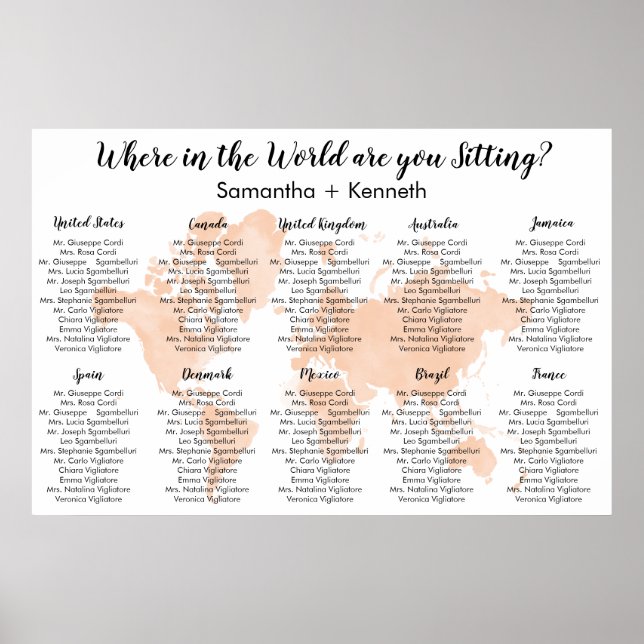 Wedding Seating Chart with Blush Map (Front)
