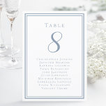 Wedding Seating List Guest Table Number Dusty Blue<br><div class="desc">Our trendy wedding table number guest list features a template for the table number & list of guests at the table. Personalize elegant lettering and script with your guest's names & details in trendy dusty blue on a crisp white background. Perfect addition for a wedding, anniversary or large engagement party....</div>