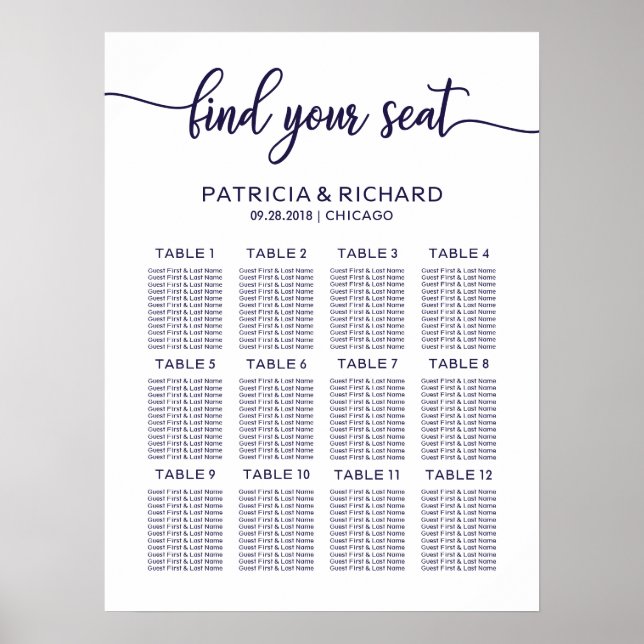 Wedding Seating Plan Elegant Chic Navy Blue Poster (Front)