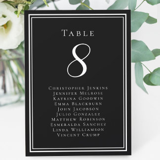 Wedding Seating Table Number Guest Names Black