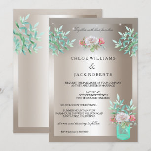 Wedding Sepia Teal Floral Mason Jar Pink Rose Invitation