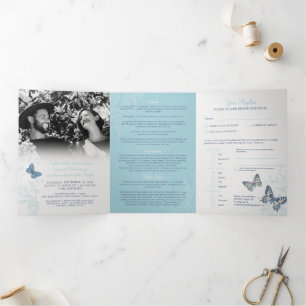 Wedding shades of blue butterflies all-in-one Tri-Fold invitation