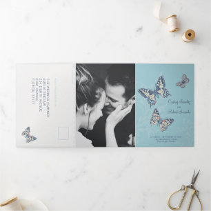 Wedding shades of blue butterflies all-in-one Tri- Tri-Fold Invitation