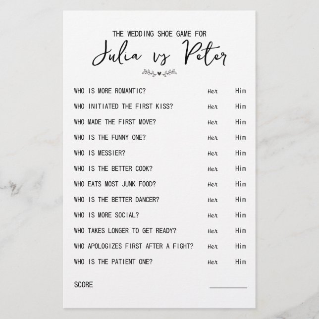 Wedding Shoe Game Questions Paper Black & White (Front)